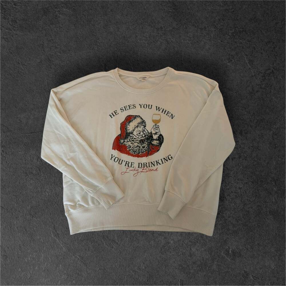 Lucky Brand Christmas Graphic Sweatshirt Funny Santa Holiday Crewneck